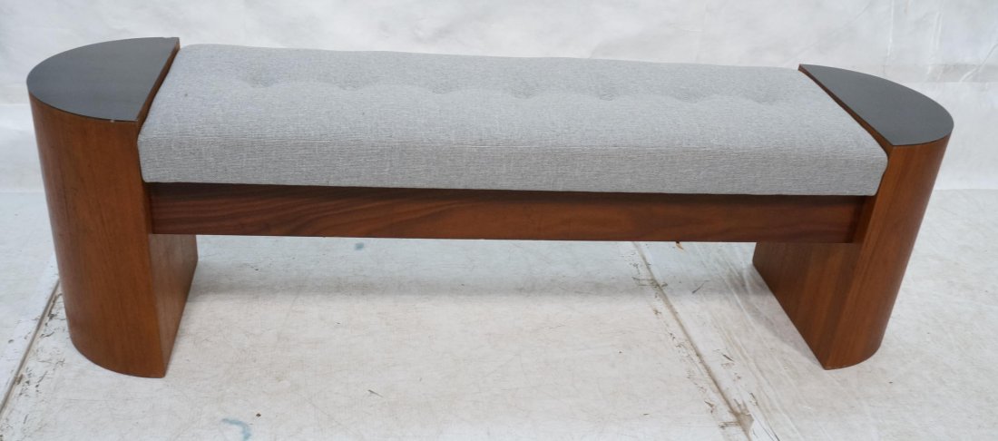American Modern Adrian Pearsall style Wood Bench.: American Modern Adrian Pearsall style Wood Bench. Black laminate accent on tops. Thick upholstered seat cushion pops up for storage. -- Dimensions: H: 19 inches: W: 64 inches: D: 16 inches ---