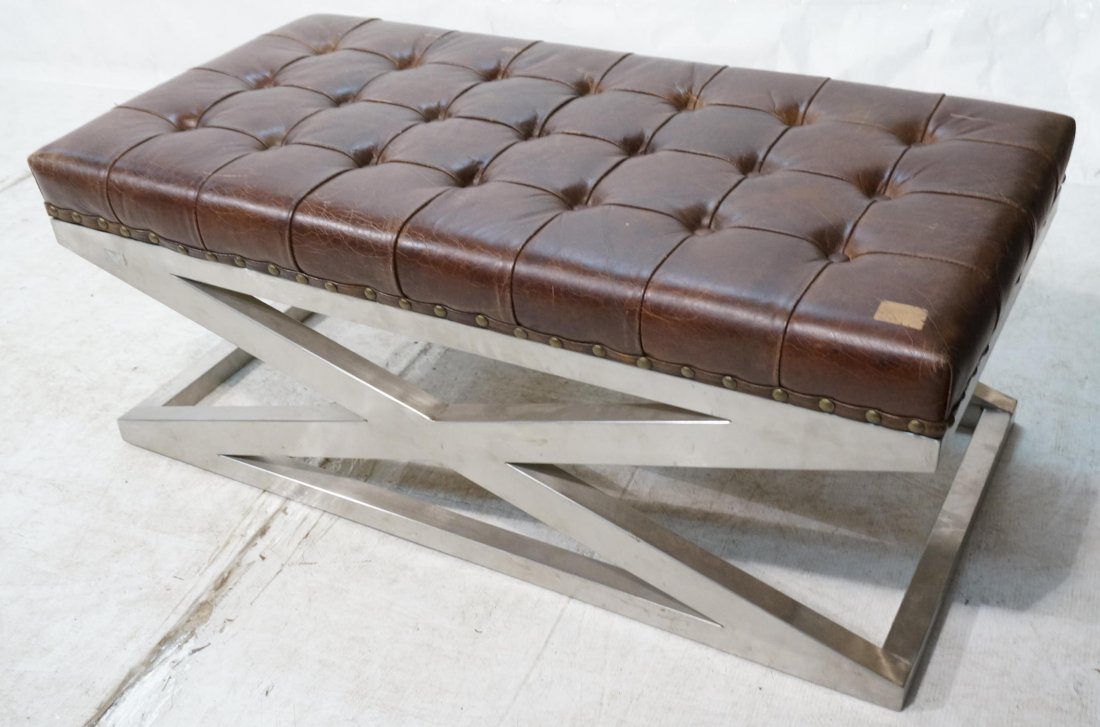 Contemporary Aluminum "X" Base Bench. Brown Tufte: Contemporary Aluminum "X" Base Bench. Brown Tufted Leather Seat. Metal brad trim-- Dimensions: H: 20 inches: W: 48 inches: D: 25 inches ---