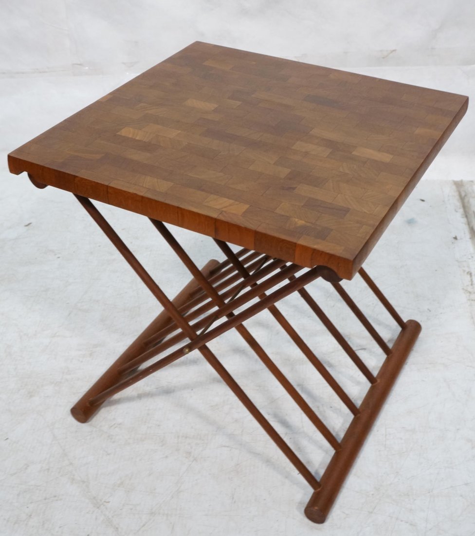 Butcher Block Walnut Side Table. Wood "X" Base. F: Butcher Block Walnut Side Table. Wood "X" Base. Folding. -- Dimensions: H: 18.5 inches: W: 17.5 inches: D: 17.5 inches ---