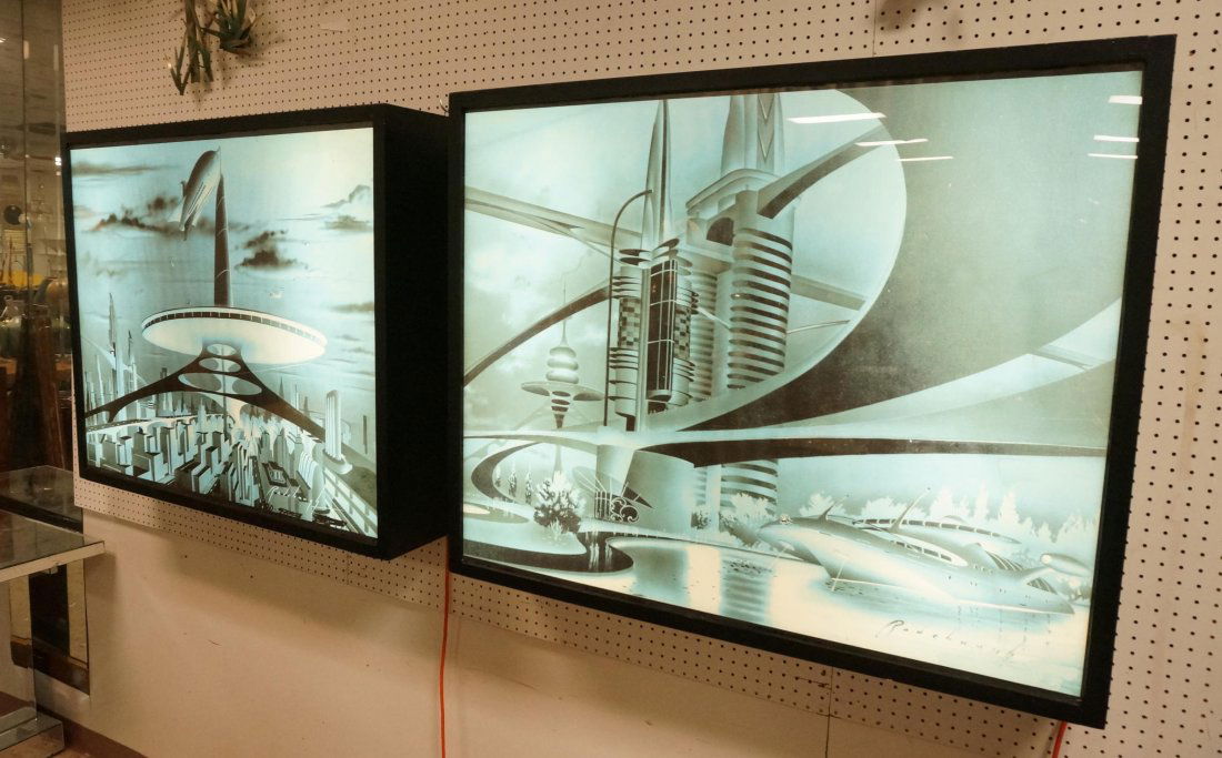 Pr SCI FI Light Up Boxes. RADEBAUGH. Space Age Tr: Pr SCI FI Light Up Boxes. RADEBAUGH. Space Age Transportation theme. Signed. Deep Well Black Shadow Box Frame.-- Dimensions: H: 37.5 inches: W: 45.5 inches: D: 9 inches ---