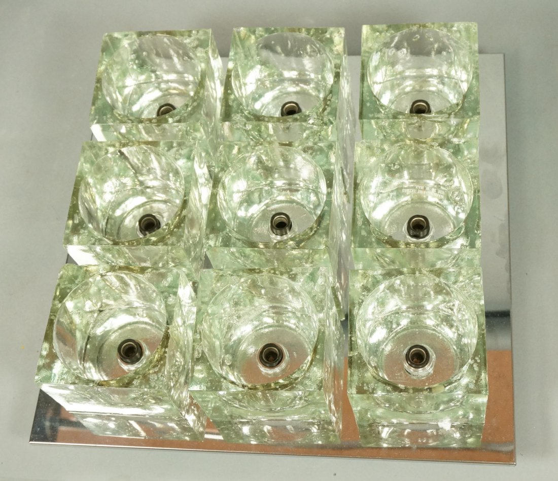 Modernist Chrome Ceiling Mount Chandelier SCIOLAR: Modernist Chrome Ceiling Mount Chandelier SCIOLARI style. Light Fixture. Nine Bubble Glass Shades.-- Dimensions: H: 5.5 inches: W: 16 inches: D: 16 inches ---