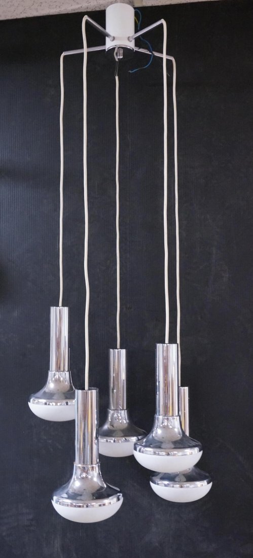 Modernist Five Chrome Pendant Chandelier Hanging: Modernist Five Chrome Pendant Chandelier Hanging Light. Frosted glass shades. White ceiling fixture with five chrome rod arms. -- Dimensions: H: 44 inches: W: 20 inches: D: 20 inches ---