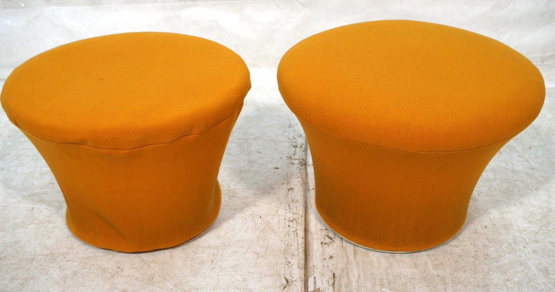 Pr ARTIFORT Fabric Toadstool Footstools Stools. P: Pr ARTIFORT Fabric Toadstool Footstools Stools. Pierre Poulin. Upholstered Cushion. Wood Bottoms. Marked-- Dimensions: H: 18 inches: W: 20 inches: D: 20 inches ---