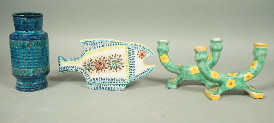 4pc Italian Pottery Ceramic Lot. Two Aldo Londi f: 4pc Italian Pottery Ceramic Lot. Two Aldo Londi for BITOSSI Pieces; Fish is marked Raymor. Two candle sticks marked Vietri. One Fish . One Vase. -- Dimensions: H: 6 inches: W: 11 inches: D: 3 inches -