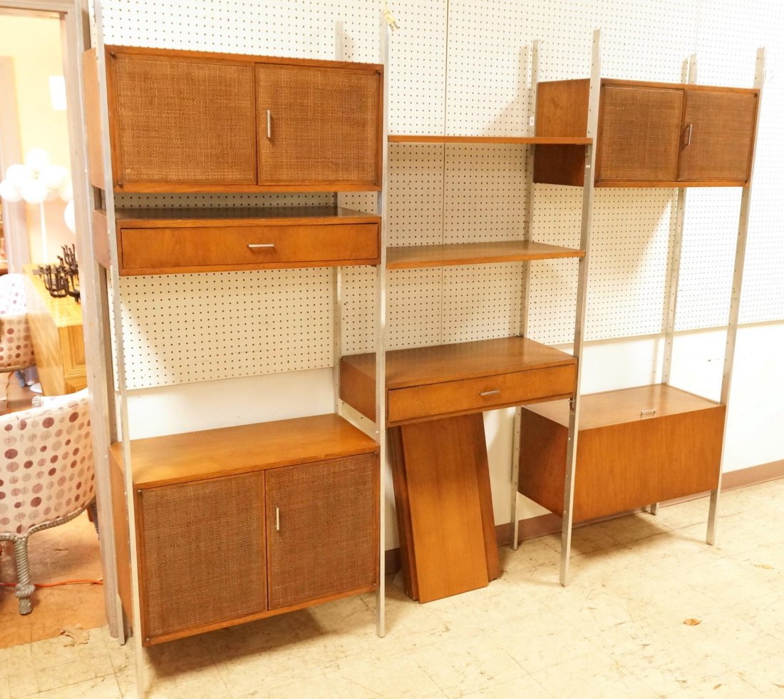 3 Section Founders Wall Unit. Walnut Cabinets & s: 3 Section Founders Wall Unit. Walnut Cabinets & shelves. Aluminum Supports. Three Cabinets with woven doors. Two drawers. Six shelves.-- Dimensions: H: 83 inches: W: 96 inches ---