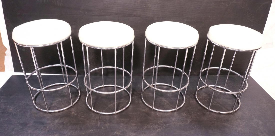 Set 4 Milo Baughman Style Bar Stools. White viny: Set 4 Milo Baughman Style Bar Stools. White vinyl seats. Tubular Chrome.-- Dimensions: H: 25 inches: W: 15 inches ---