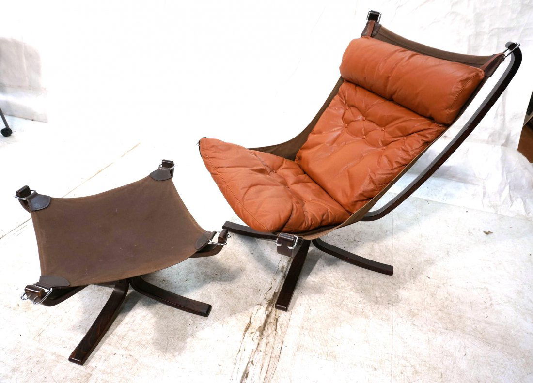 Brown Leather Modernist Norway Falcon Chair & Ott: Brown Leather Modernist Norway Falcon Chair & Ottoman. Laminated Wood Frame with chrome rings Vatne, Norway label. -- Dimensions: H: 39 inches: W: 30 inches: D: 33 inches ---