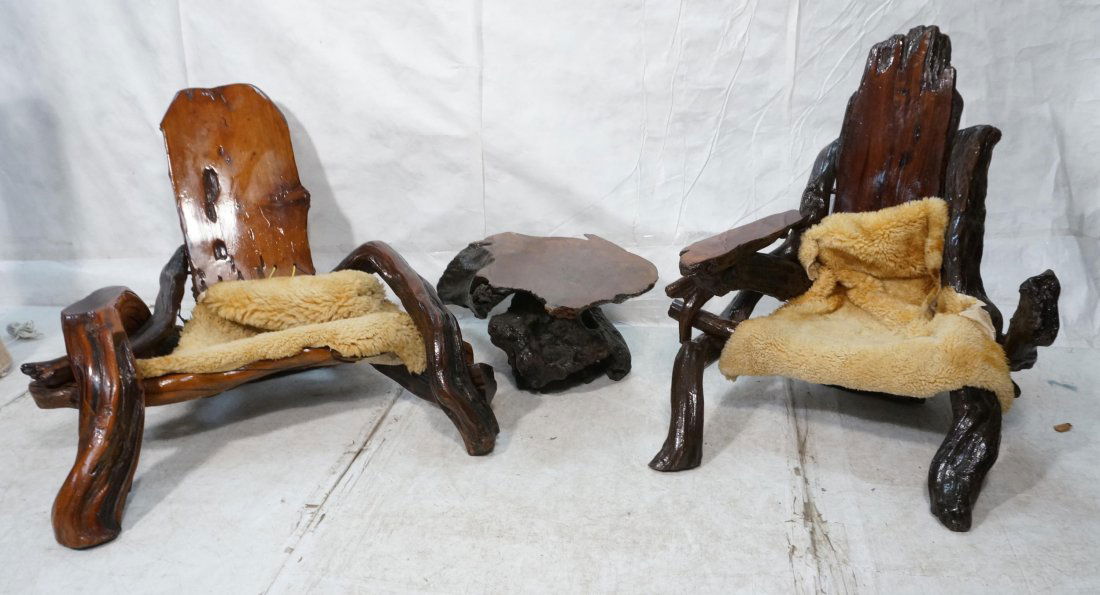 3pc Heavy Wood "Driftwood" Chairs & Table. Two Lo: 3pc Heavy Wood "Driftwood" Chairs & Table. Two Lounge Chairs & Table. Woven seats. Rebar reinforcement. Loose Lambskin covers throws. Al natural & burl wood. He man furniture. -- Dimensions: H: 35.5 i