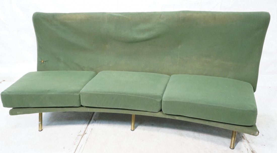 ZANUSO for ARFLEX Curved Triennele Sofa Couch. Ar: ZANUSO for ARFLEX Curved Triennele Sofa Couch. Armless. Green Fabric on brass metal legs. Curved form with three seat cushions. -- Dimensions: H: 33 inches: W: 76 inches: D: 33 inches ---