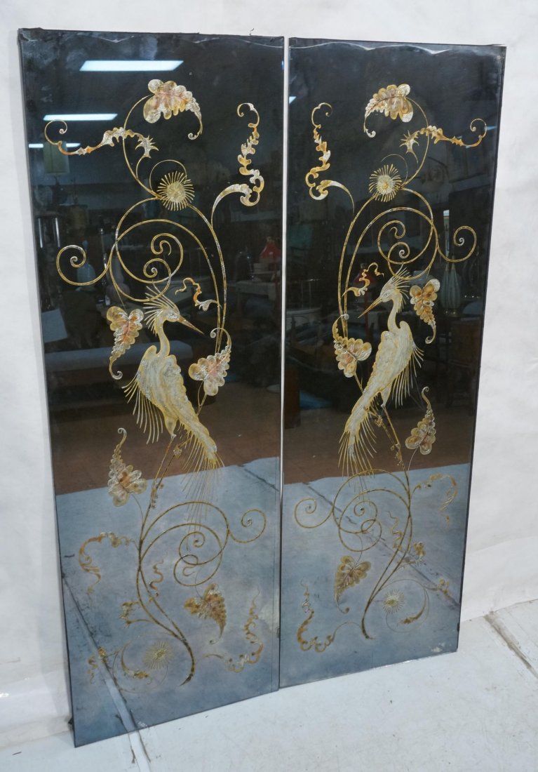 Pr Decorative Reverse Cut Wall Mirrors. Antiqued: Pr Decorative Reverse Cut Wall Mirrors. Antiqued Smoked Mirror. Reverse cut bird and vine design. Two panels.-- Dimensions: H: 72 inches: W: 24 inches ---