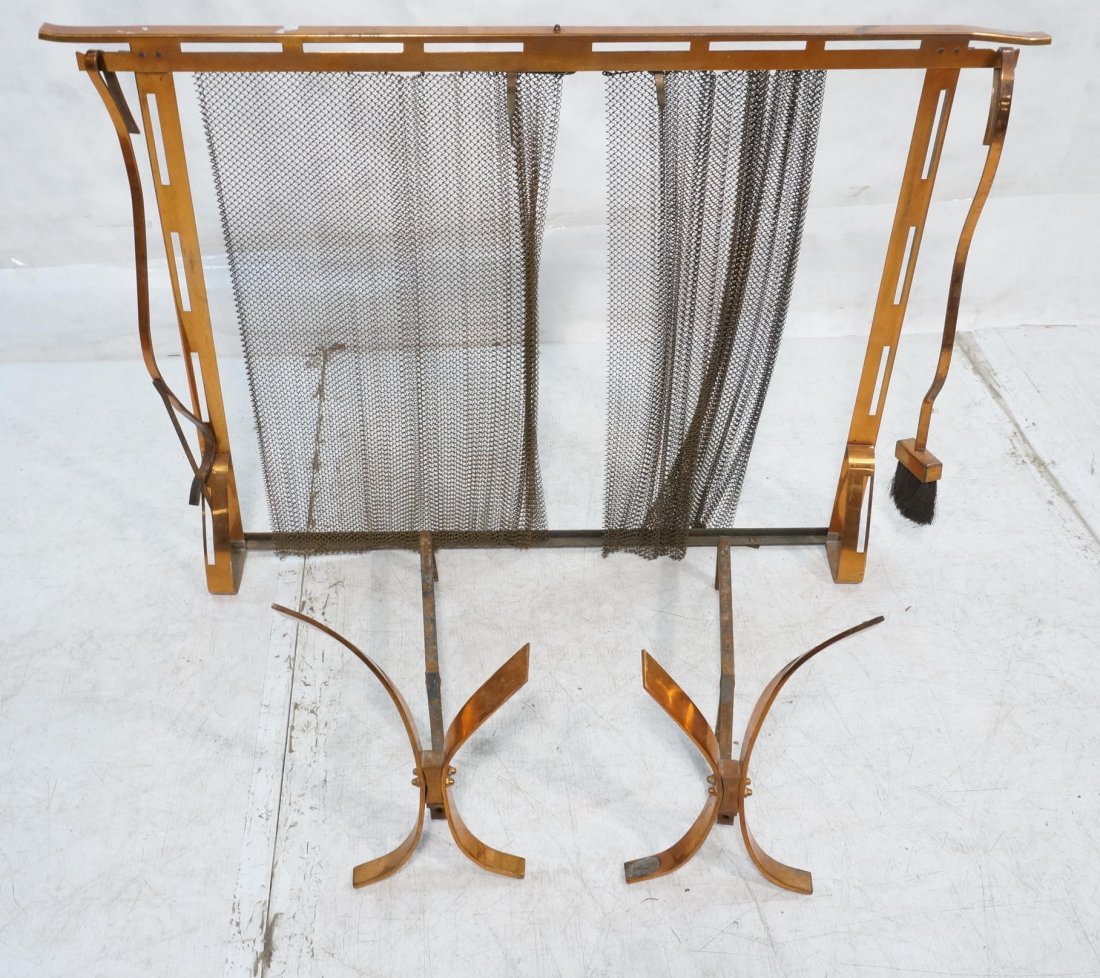 Set DONALD DESKEY style Copper Fire screen, Two t: Set DONALD DESKEY style Copper Fire screen, Two tools & Andirons.-- Dimensions: H: 31 inches: W: 46 inches: D: 4 inches ---