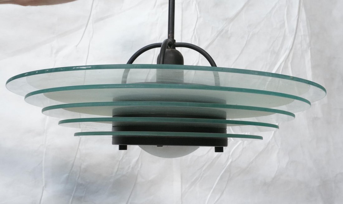 Modernist Glass Chandelier. Tiered Frosted Green: Modernist Glass Chandelier. Tiered Frosted Green Glass in Memphis style. KICHER.-- Dimensions: H: 33 inches: W: 23 inches: D: 23 inches ---