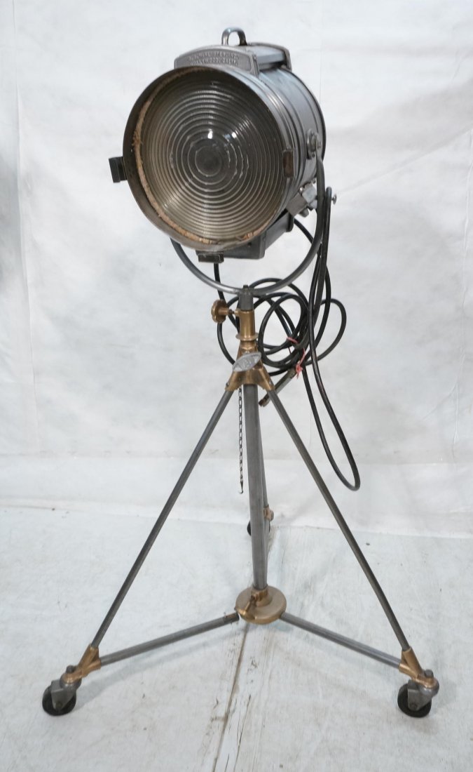 Large Industrial Movie Film Spot Light. Brass & S: Large Industrial Movie Film Spot Light. Brass & Steel frame on tripod base. Adjustable. Casters. J.G McALISTER Inc. Hollywood, Calif. -- Dimensions: H: 66 inches: W: 40 inches: D: 31 inches ---