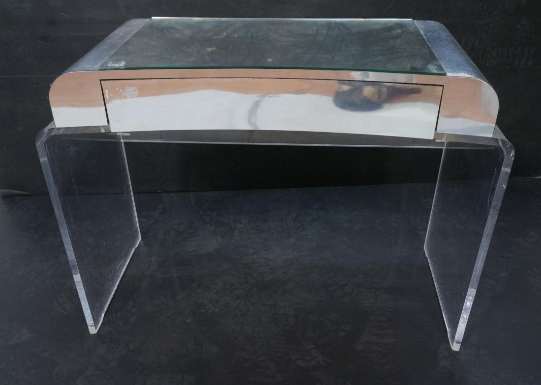Modernist Lucite Vanity. Silver Mirrored Tape det: Modernist Lucite Vanity. Silver Mirrored Tape details.-- Dimensions: H: 30 inches: W: 40 inches: D: 19 inches ---