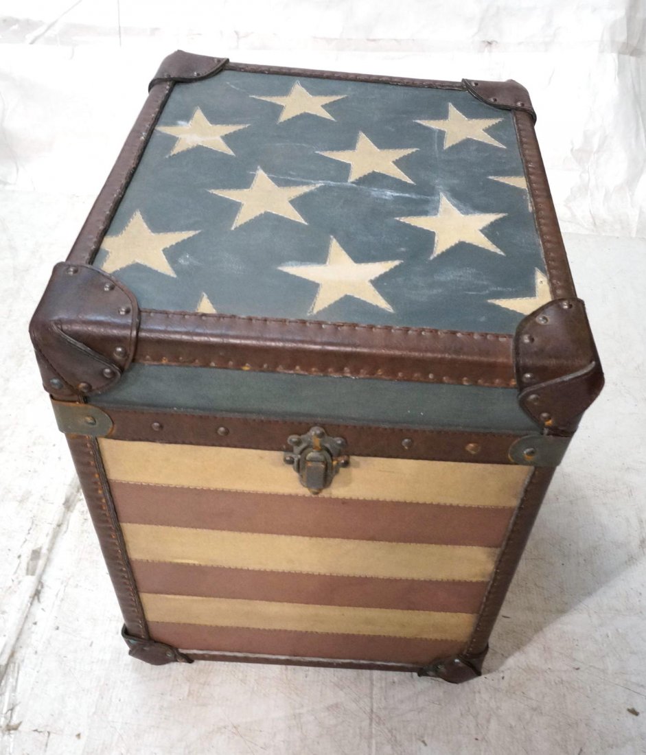 Decorator Patriotic American flag small trunk. He: Decorator Patriotic American flag small trunk. Heavy metal trim and studs-- Dimensions: H: 23 inches: W: 20 inches: D: 20 inches ---