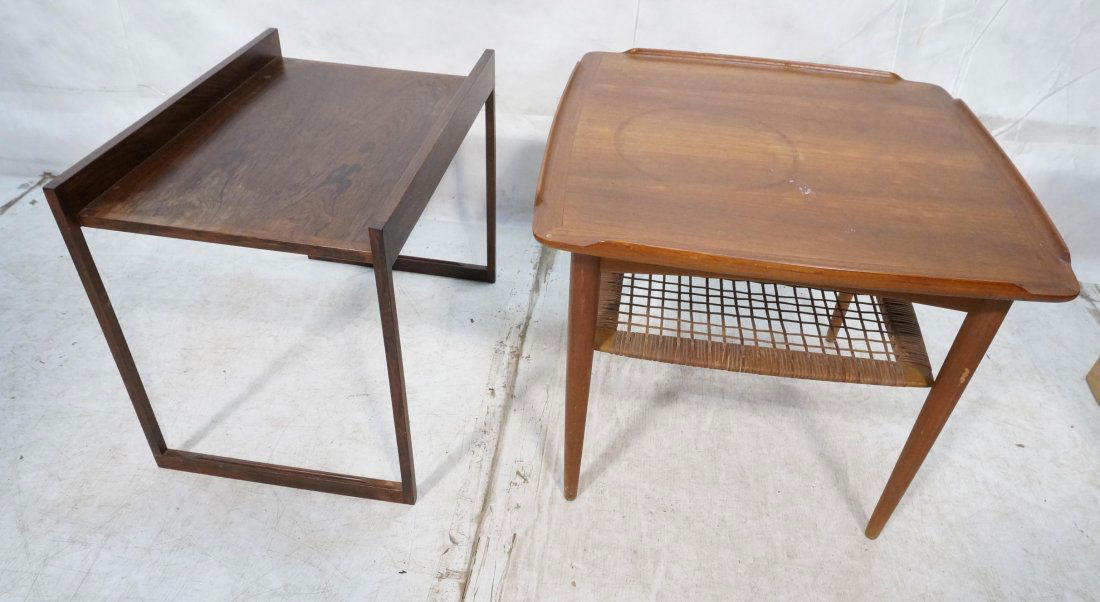 2pc SELIG Table Lot. 1. Rosewood Table. Red Selig: 2pc SELIG Table Lot. 1. Rosewood Table. Red Selig tag. 2. Danish Modern Teak with lower woven shelf. Red metal Selig tag.-- Dimensions: H: 20.5 inches: W: 24 inches: D: 24 inches ---