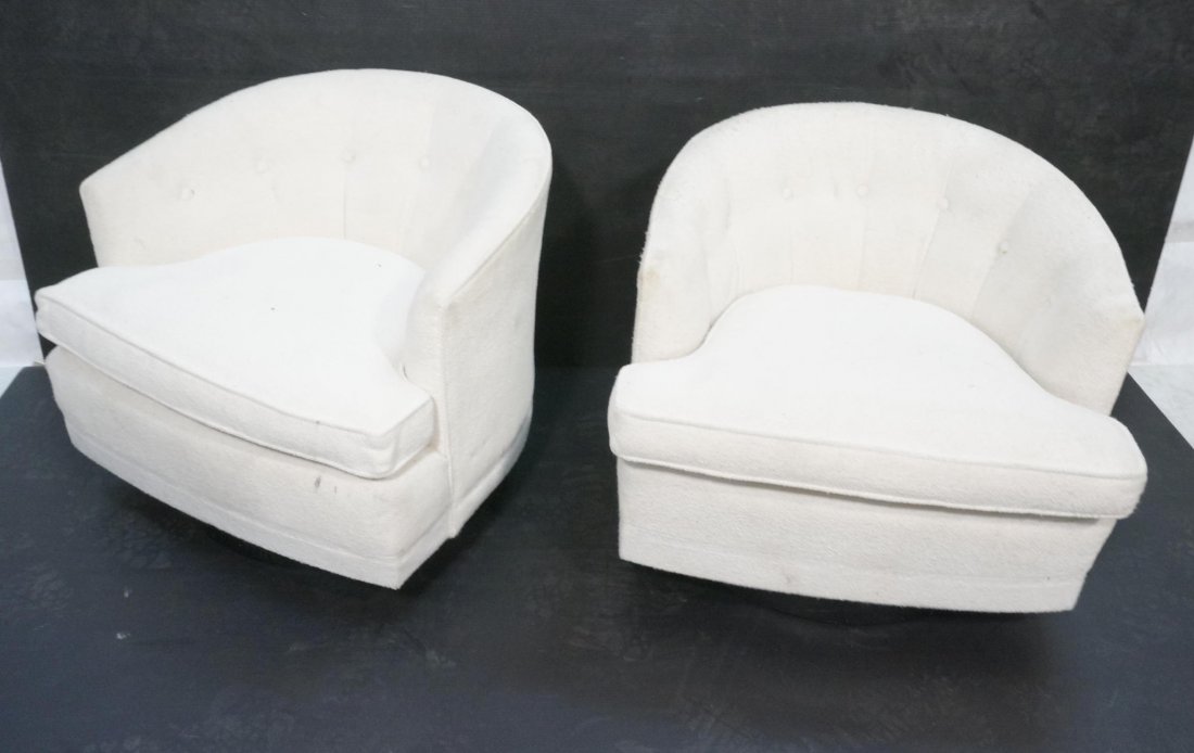 Pr Milo Baughman Style White Barrel Back Club Lou: Pr Milo Baughman Style White Barrel Back Club Lounge Chairs. Ebonized Black Swivel Base.-- Dimensions: H: 26 inches: W: 31 inches: D: 31 inches ---