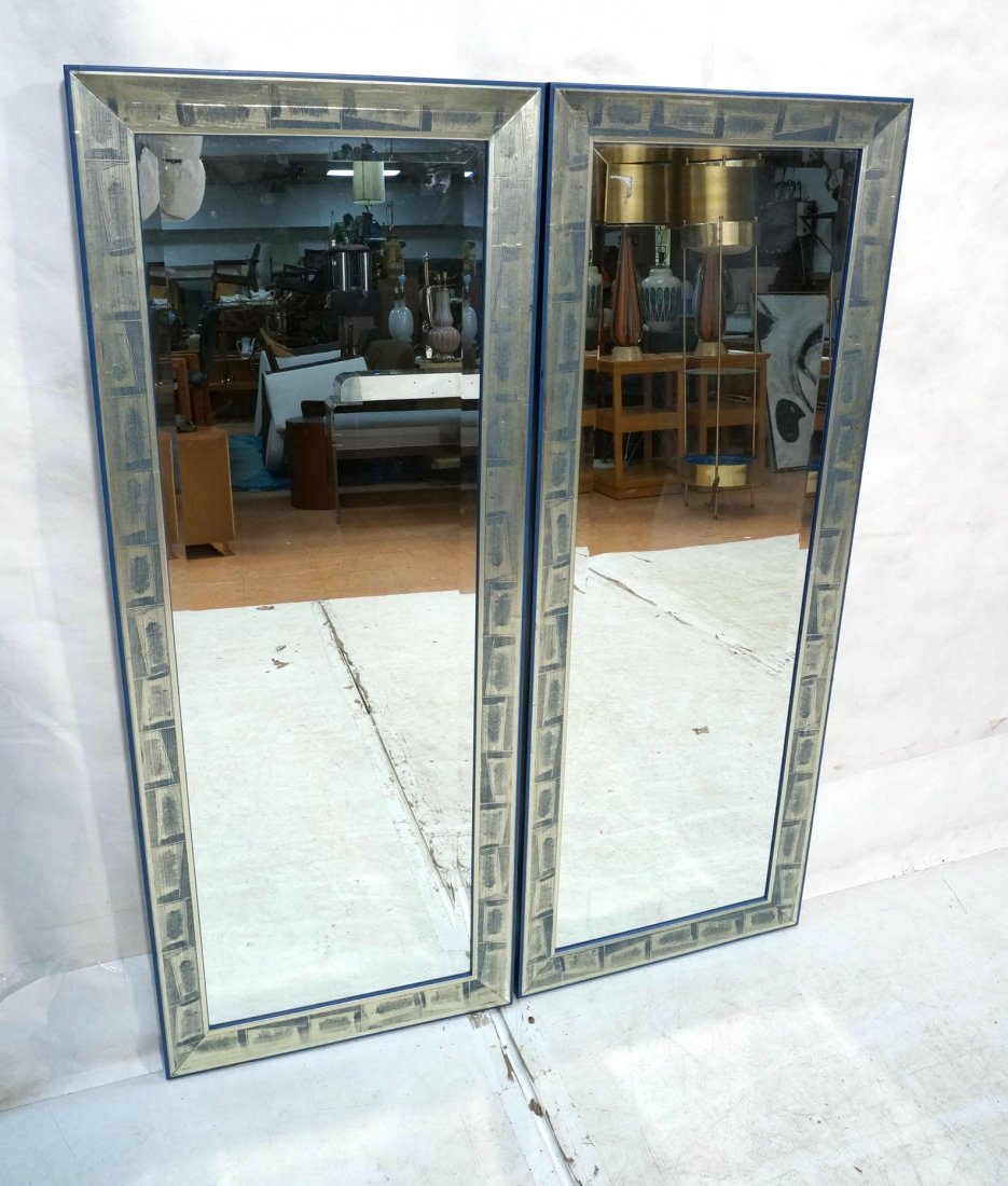 Pair Italian Decoration Mirrors. Gold leaf on blu: Pair Italian Decoration Mirrors. Gold leaf on blue frame. Made in Italy sticker. Beveled glass mirrors.-- Dimensions: H: 52 inches: W: 20.5 inches ---