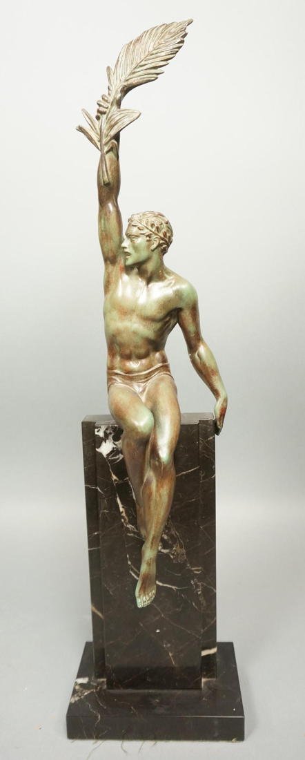 Art Deco Bronze Sculpture of Triumphant Man. Uns: Art Deco Bronze Sculpture of Triumphant Man. Unsigned.-- Dimensions: H: 24 inches: W: 6.5 inches: D: 4 inches --- US Shipping charge: $50