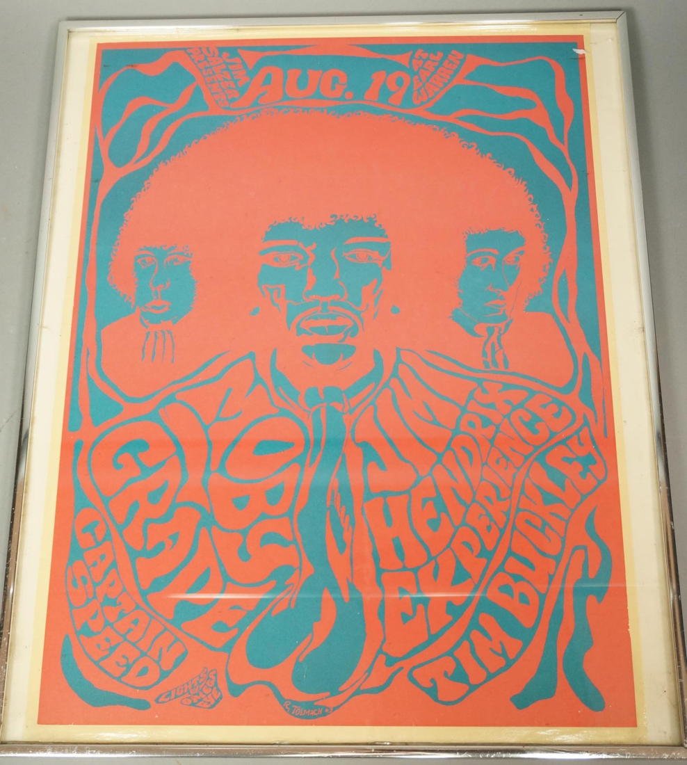 Vintage Jimi Hendrix Concert Poster. R. Tolmach.: Vintage Jimi Hendrix Concert Poster. R. Tolmach. Jim Salzer Presents Aug 19 At Earl Warren. Framed under glass.-- Dimensions: Image Size: H: 23 inches: W: 17 inches ---