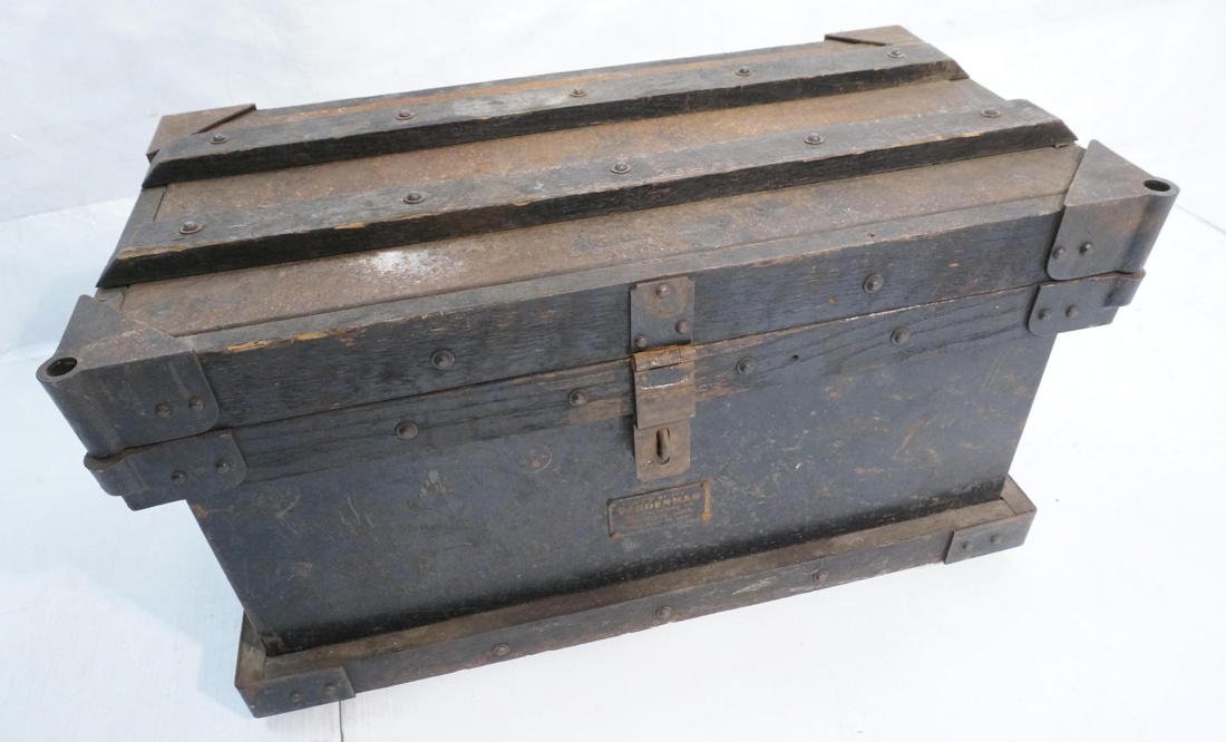Antique Strong Box Trunk. Steel and Wood. Handl: Antique Strong Box Trunk. Steel and Wood. Handle Sides.-- Dimensions: H: 14.5 inches: W: 27 inches: D: 16 inches ---