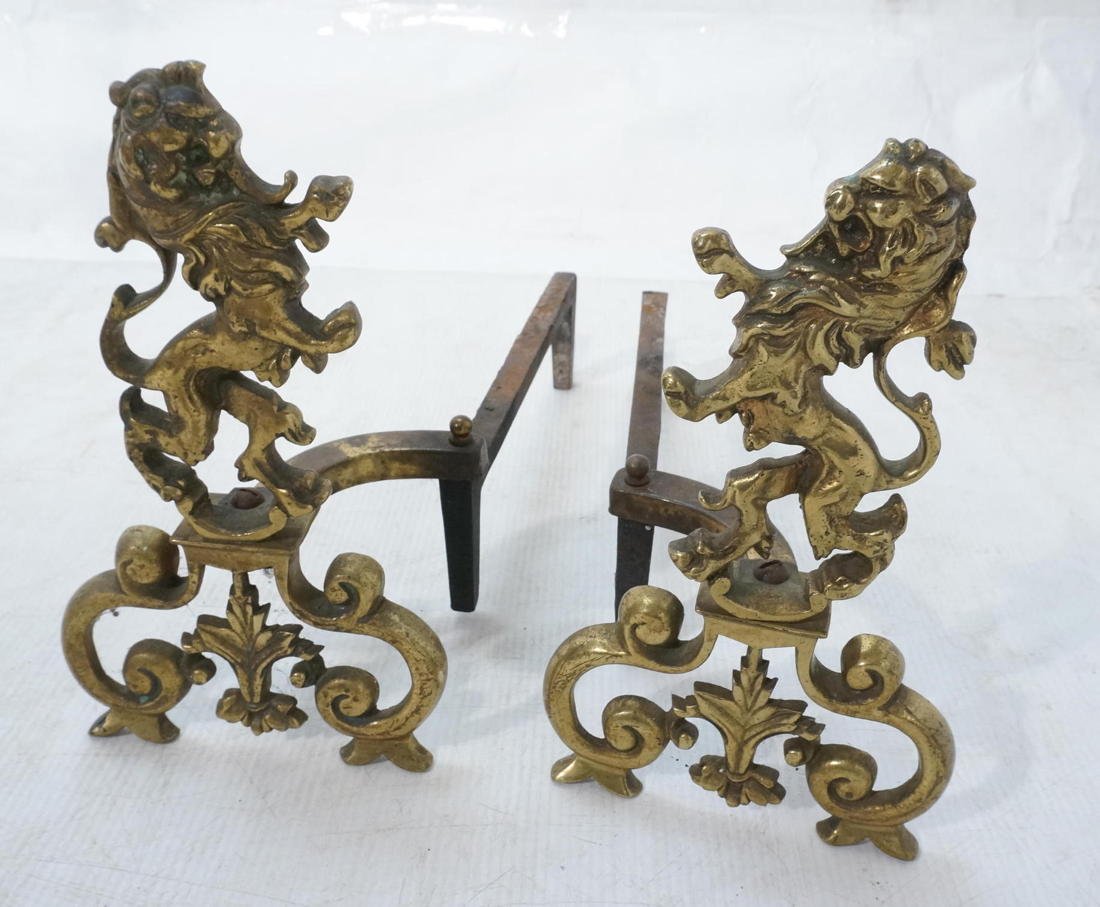 Pair brass figural andirons. Lions.: Pair brass figural andirons. Lions.-- Dimensions: H: 13 inches: W: 7.5 inches: D: 18 inches ---