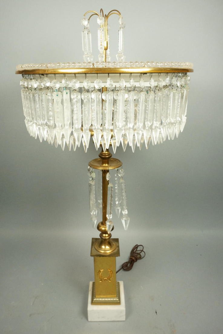 Decorator Table Lamp. Brass and Marble Base with: Decorator Table Lamp. Brass and Marble Base with Fancy Prism Top. Spear prisms. -- Dimensions: H: 34 inches: W: 16.5 inches ---