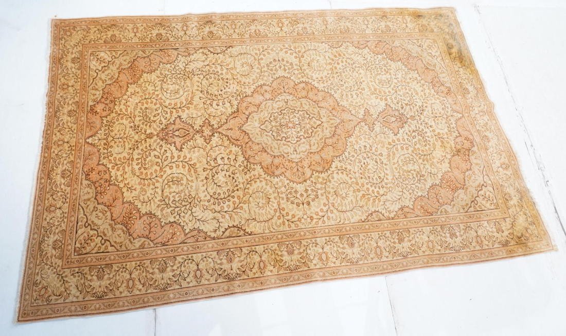9'7" x 6'5" Handmade Oriental Carpet. Peach and: 9'7" x 6'5" Handmade Oriental Carpet. Peach and Tan.-- Dimensions: ---