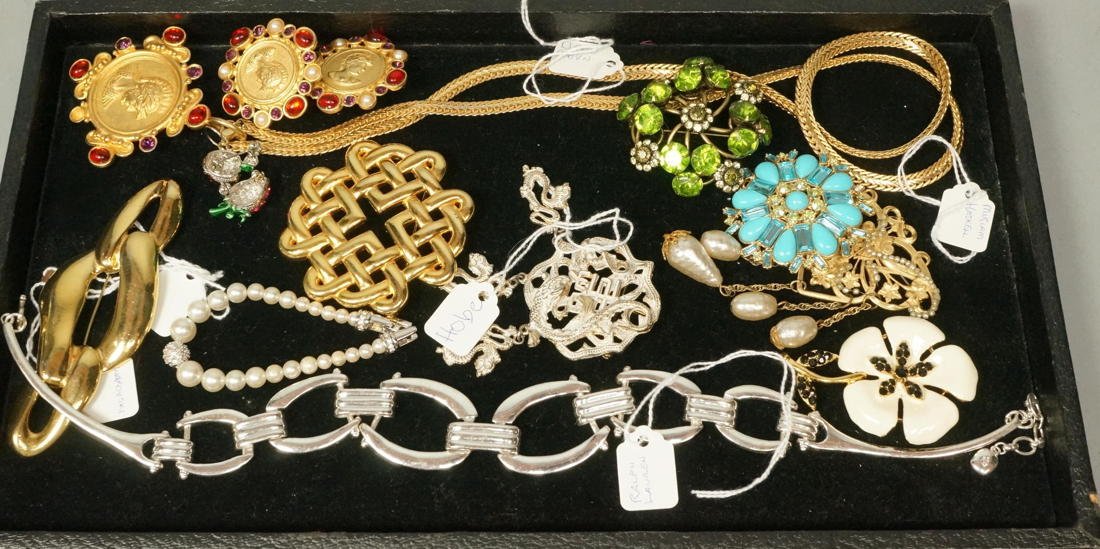 13pc Costume Jewelry Lot. Miriam Haskell Pearl Pi: 13pc Costume Jewelry Lot. Miriam Haskell Pearl Pin with dangles. Hobe pin with dragon dangles. YSL gold tone pin. Dubin matching necklace & earring set. Some marked-- Dimensions: --- US Shipping charg