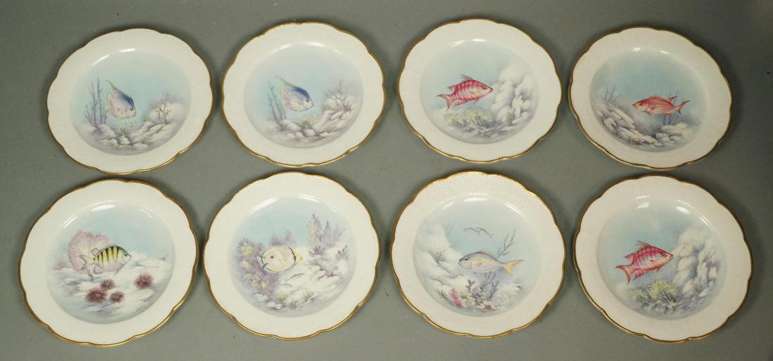 Set 8 ROYAL WORCESTER Tropical Fish Plates. Desig: Set 8 ROYAL WORCESTER Tropical Fish Plates. Designed by Ronald Van Ruyckevett. Bone Chine, England. Scalloped gold trim.-- Dimensions: H: 9.25 inches ---