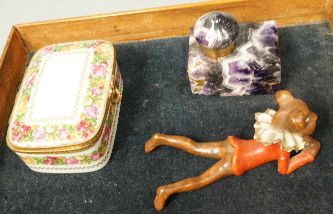 3pc lot desk accessory lot. 1)Amethyst inkwell wi: 3pc lot desk accessory lot. 1)Amethyst inkwell with pen rest. Amethyst lid.2) Limoges box with hinged lid. 3) Japan Dog figure with ruffled collar. -- Dimensions: H: 2.75 inches: W: 3 inches: D: 2.25 