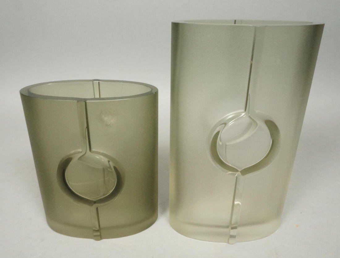 2pcs Tapio Wirkkala Art Glass Vases. 2 Light Gre: 2pcs Tapio Wirkkala Art Glass Vases. 2 Light Green/gray Vases with High Polish Raised Design. Both signed and numbered. -- Dimensions: H: 9.75 inches: W: 6 inches: D: 3.25 inches --- US Shipping charg