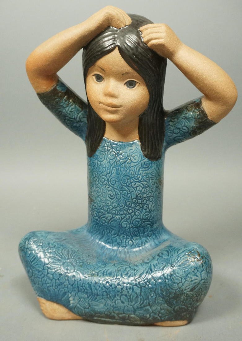 GUSTAVSBERG Sweden Figural Ceramic Sculpture Girl: GUSTAVSBERG Sweden Figural Ceramic Sculpture Girl Seated. Marked Lisa Larson Studios. Textured blue glazed Dress.-- Dimensions: H: 11.5 inches: W: 8 inches: D: 5 inches --- US Shipping charge: $35