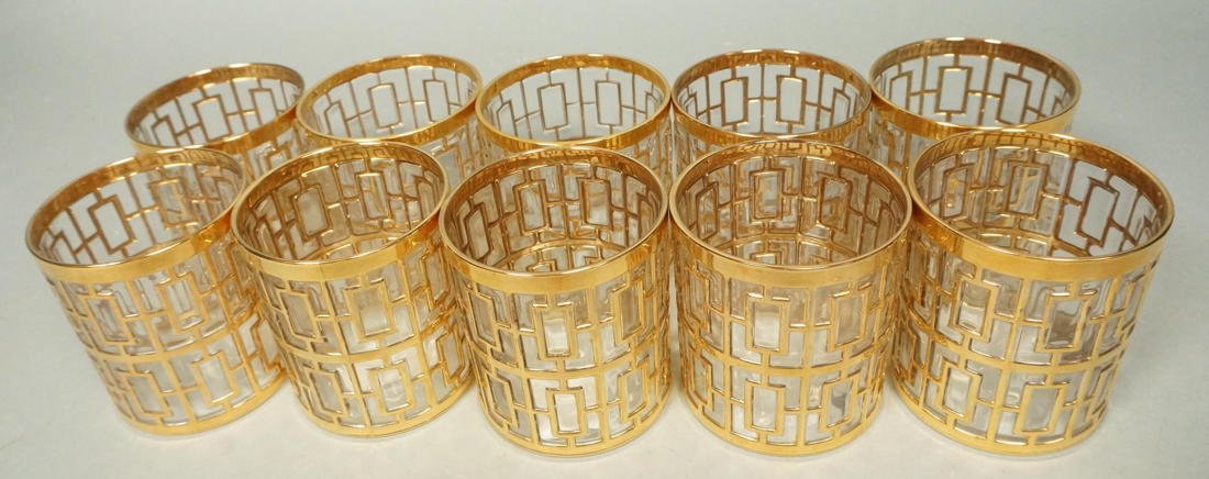Set 10 Imperial Gold Leaf Asian Cocktail Glasses.: Set 10 Imperial Gold Leaf Asian Cocktail Glasses. Shoji Pattern. Low Ball. Marked with different marks. -- Dimensions: H: 3.54 inches: W: 3.25 inches --- US Shipping charge: $35