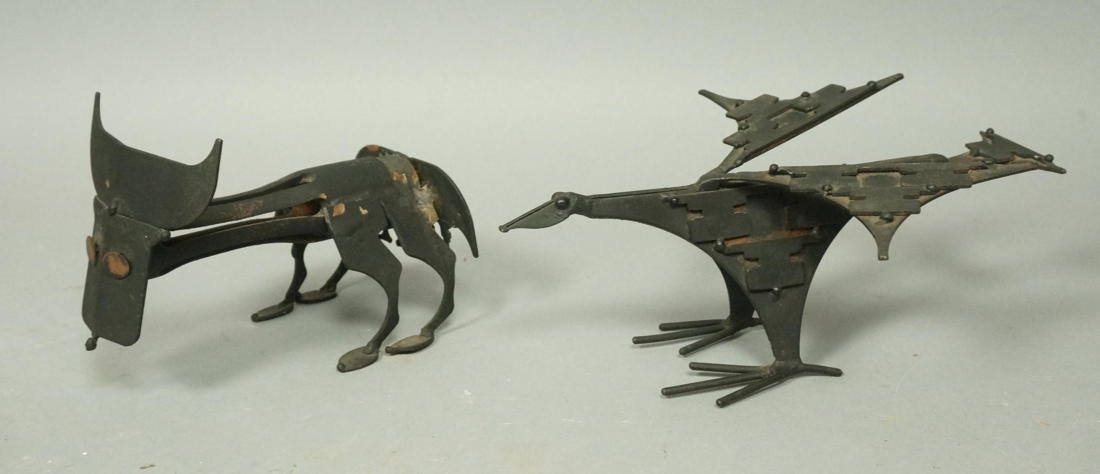 2pcs Industrial JOHN RISLEY Metal Animal Sculptur: 2pcs Industrial JOHN RISLEY Metal Animal Sculptures. 1. Cow with stylized udders. 2. Winged bird. Not signed. Attributed. -- Dimensions: H: 4.5 inches: W: 6 inches: D: 3.5 inches --- US Shipping charg