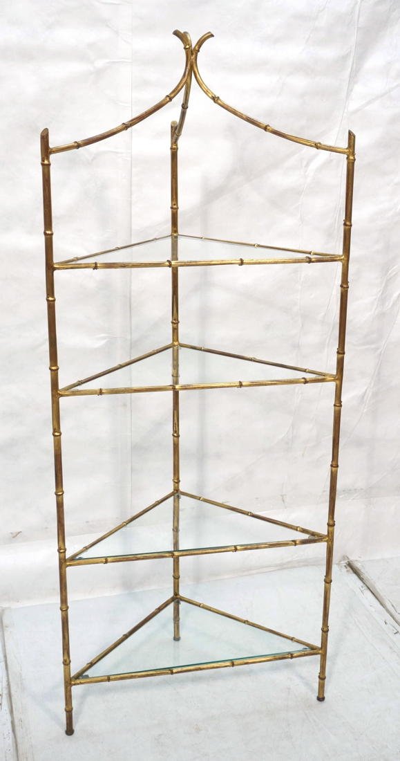 Faux Bamboo Gilt Metal Corner Shelf Etagere. Deco: Faux Bamboo Gilt Metal Corner Shelf Etagere. Decorator style. 4 Glass Shelves. Maison Bagues Style.-- Dimensions: H: 70 inches: W: 28.5 inches: D: 20.5 inches ---