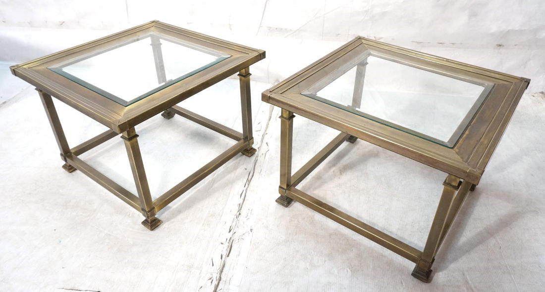 Pr MASTERCRAFT Antiqued Brass Side End Tables. Be: Pr MASTERCRAFT Antiqued Brass Side End Tables. Beveled glass inset tops. Sturdy square tube legs and frame. -- Dimensions: H: 16 inches: W: 22 inches: D: 22 inches ---