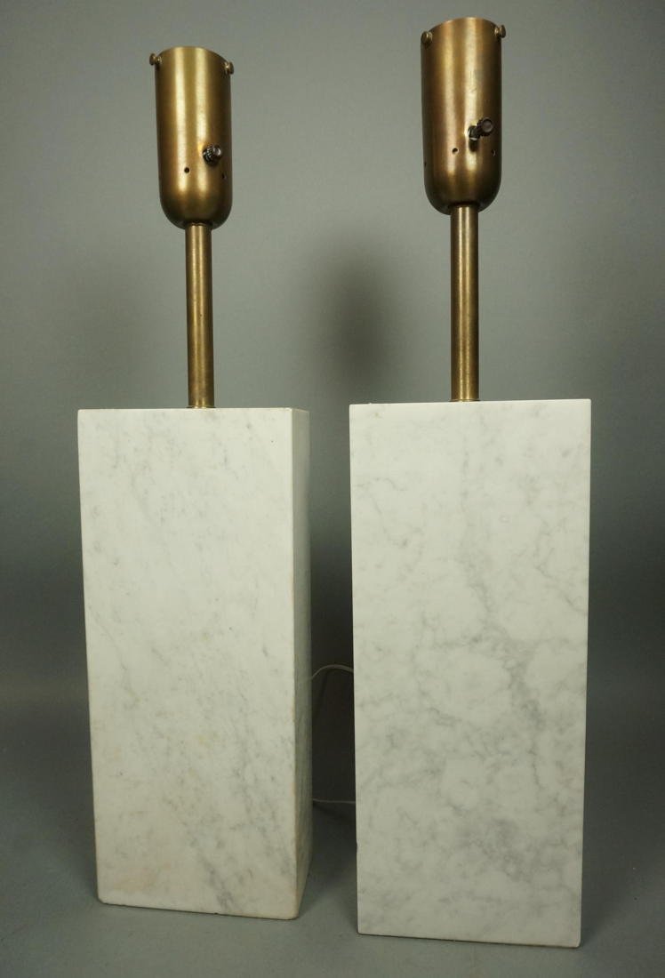 Pr HANSEN style Rectangular Marble Slab Table Lam: Pr HANSEN style Rectangular Marble Slab Table Lamp. Thick solid marble columns. Not marked. -- Dimensions: H: 28 inches: W: 7 inches: D: 3.5 inches ---