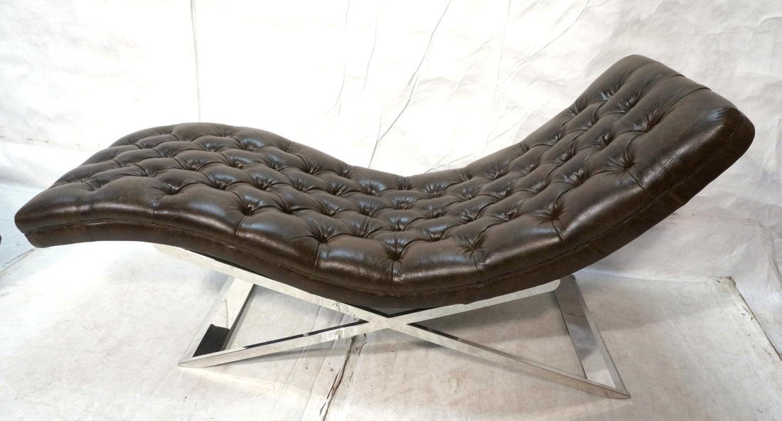 Tufted Brown Leather & Chrome Chaise Lounge.: Tufted Brown Leather & Chrome Chaise Lounge. Milo Baughman style. Shiny Chrome Base. -- Dimensions: H: 32 inches: W: 70 inches: D: 23.5 inches ---