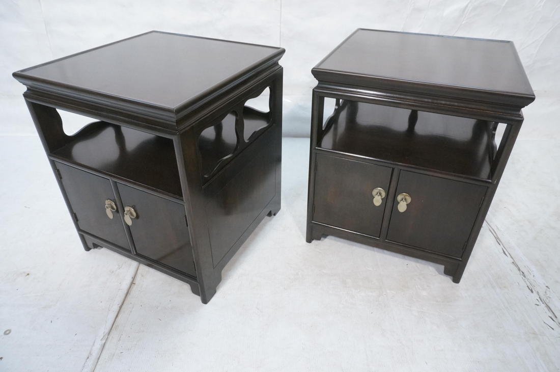 BAKER Side End Tables Night Stands. Two door cabi: BAKER Side End Tables Night Stands. Two door cabinet with open upper storage area with cut out sides. Metal tag. -- Dimensions: H: 24 inches: W: 20 inches: D: 20.5 inches ---