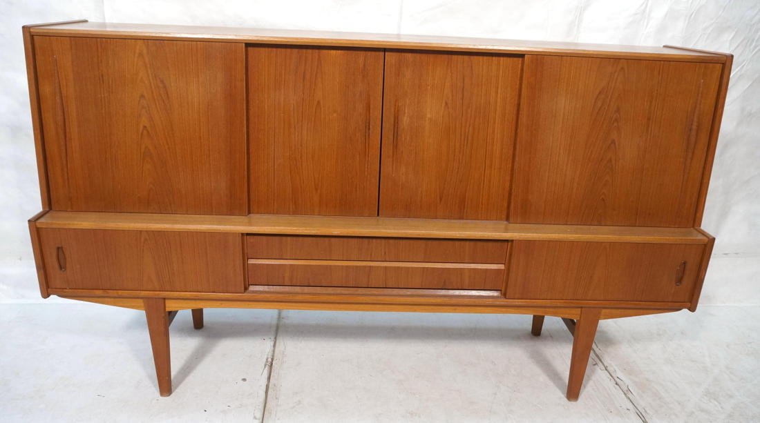 Danish Modern Teak Credenza Sideboard. Sliding Do: Danish Modern Teak Credenza Sideboard. Sliding Door Upper Cabinets. Mirrored back interior bar cabinet. Lower sliding doors with drawers & cabinets. -- Dimensions: H: 45 inches: W: 79 inches: D: 20 in