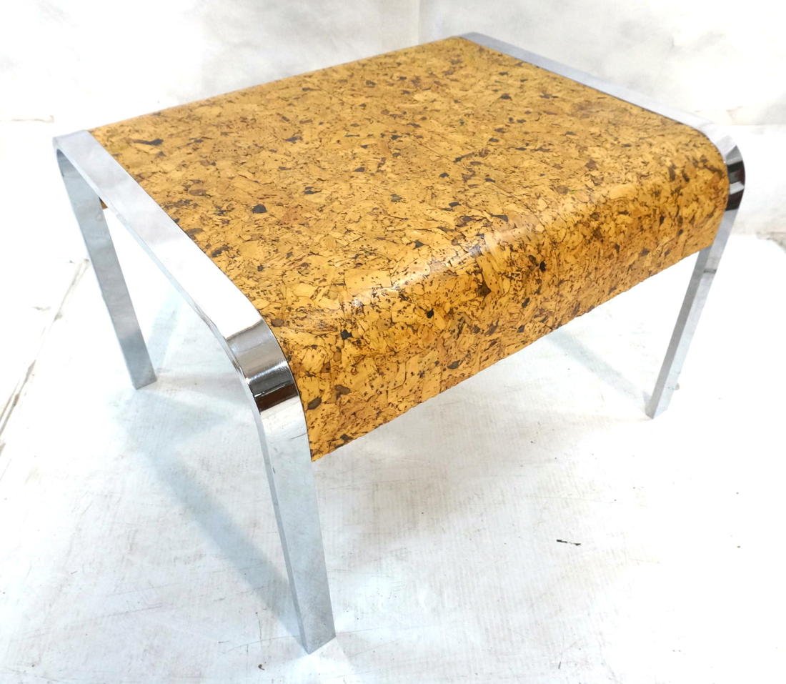 Milo Baughman style Modernist Cork & Chrome Side: Milo Baughman style Modernist Cork & Chrome Side Table. Rounded edges. Wide chrome frame. -- Dimensions: H: 15 inches: W: 22 inches: D: 19.5 inches ---