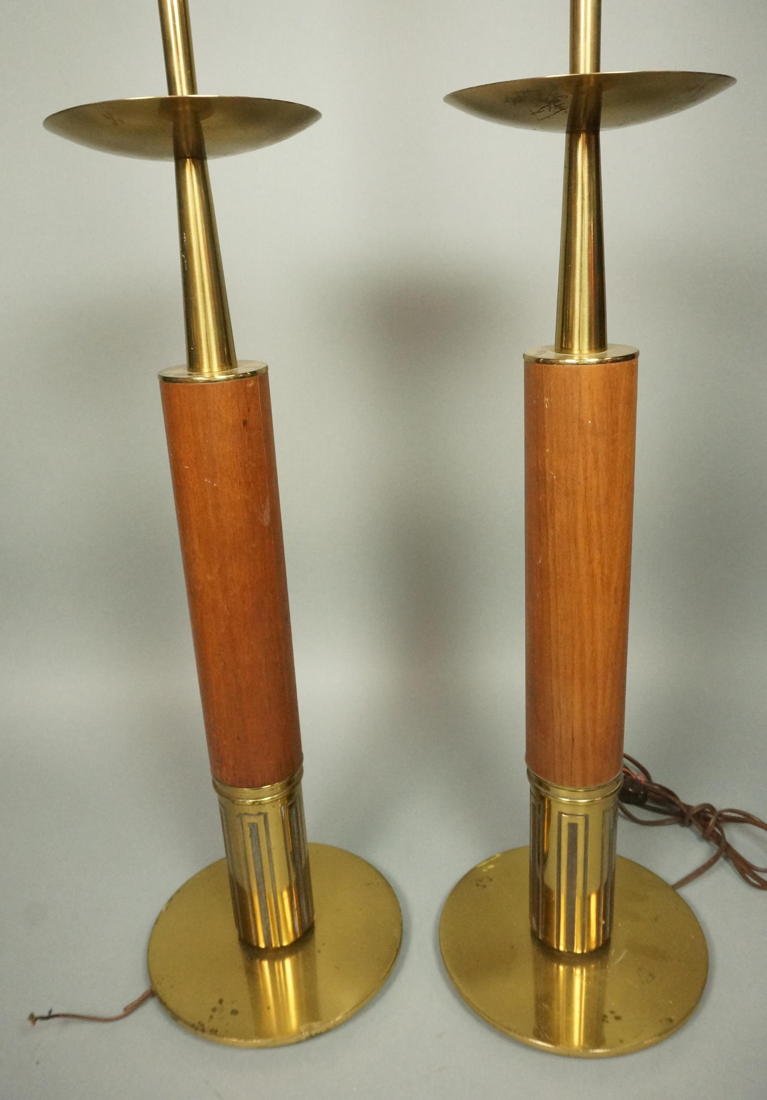 Pr TOMMI PARZINGER Brass & Walnut American Modern: Pr TOMMI PARZINGER Brass & Walnut American Modernist Table Lamp. Column form with brass disc detail. Not marked.-- Dimensions: H: 43 inches: W: 8 inches ---