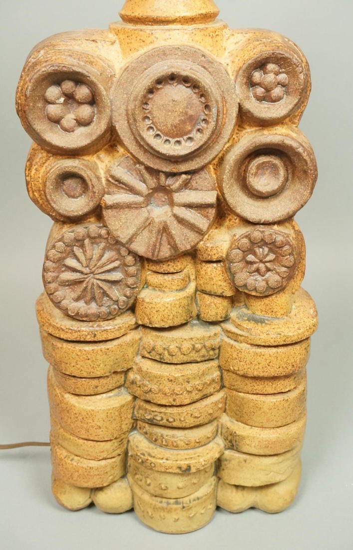 Roger Capron style Pottery Ceramic Table Lamp. Sc: Roger Capron style Pottery Ceramic Table Lamp. Sculptural stacked disc form. Possible mark. Pottery alone is 15.5" H-- Dimensions: H: 24 inches: W: 7.5 inches: D: 5 inches ---