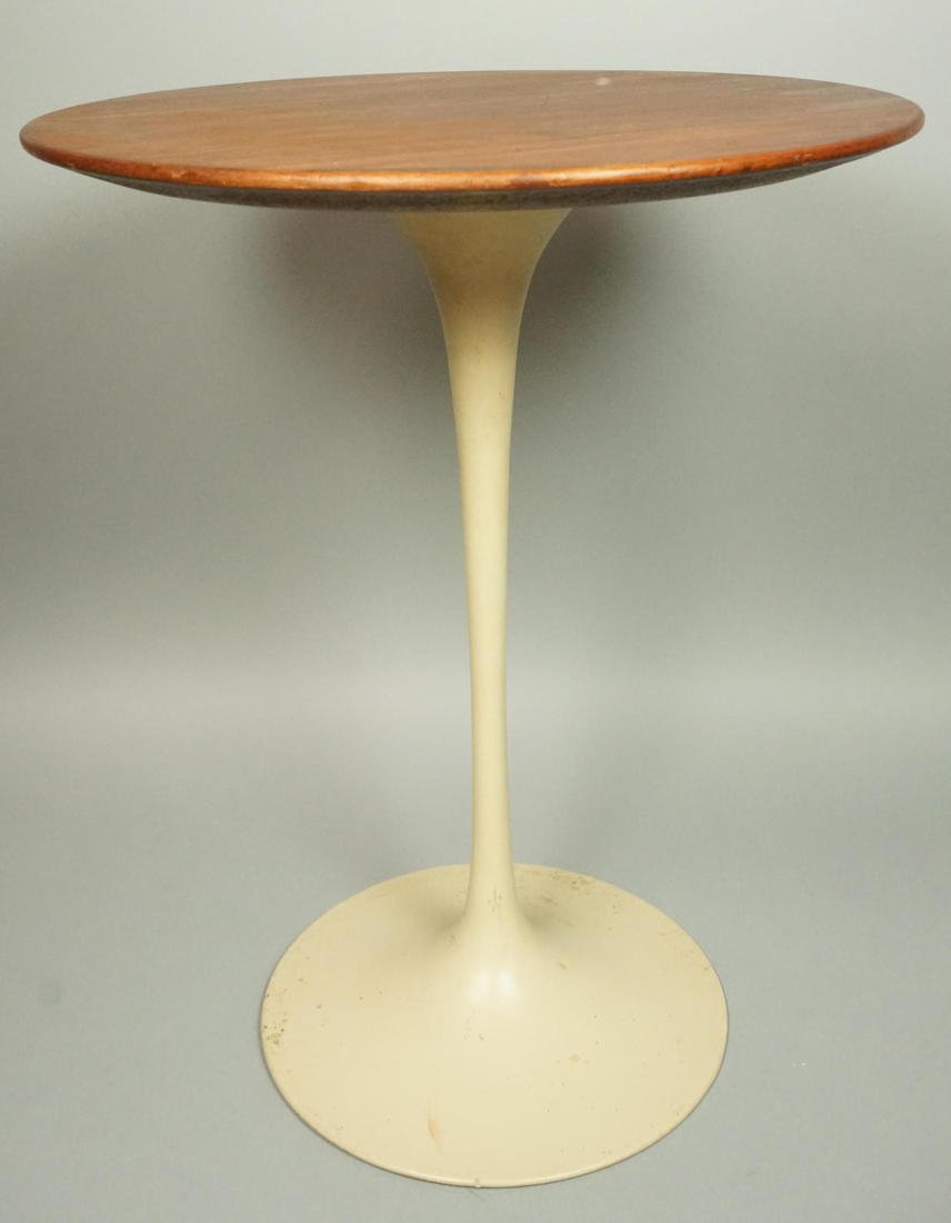 EERO SAARINEN Tulip Pedestal Side Table. Walnut R: EERO SAARINEN Tulip Pedestal Side Table. Walnut Round Top. Beige metal base. -- Dimensions: H: 20.5 inches: W: 16 inches: D: 16 inches ---