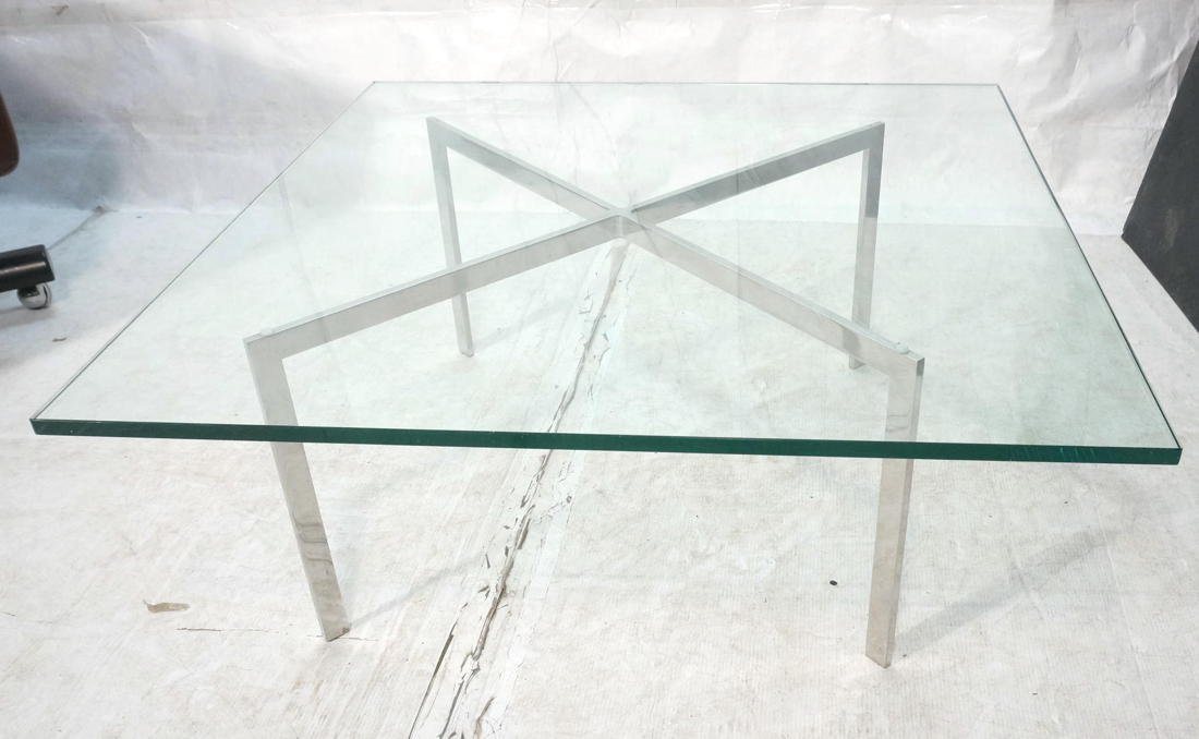 MIES VAN DE ROHE Chromed Steel Barcelona Table. Knoll: MIES VAN DE ROHE Chromed Steel Barcelona Table. Produced by Knoll marked KP. 3/4" thick square glass top. -- Dimensions: H: 17 inches: W: 40 inches: D: 40 inches ---