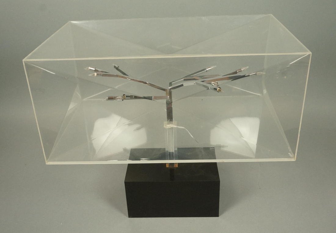 70's Modern Futuristic Table Lamp. THOMAS A HERR: 70's Modern Futuristic Table Lamp. THOMAS A HERR. Tree form fixture with mini light bulbs. In clear lucite box with inverted triangular details. Black wood base. -- Dimensions: H: 15.75 inches: W: 17.