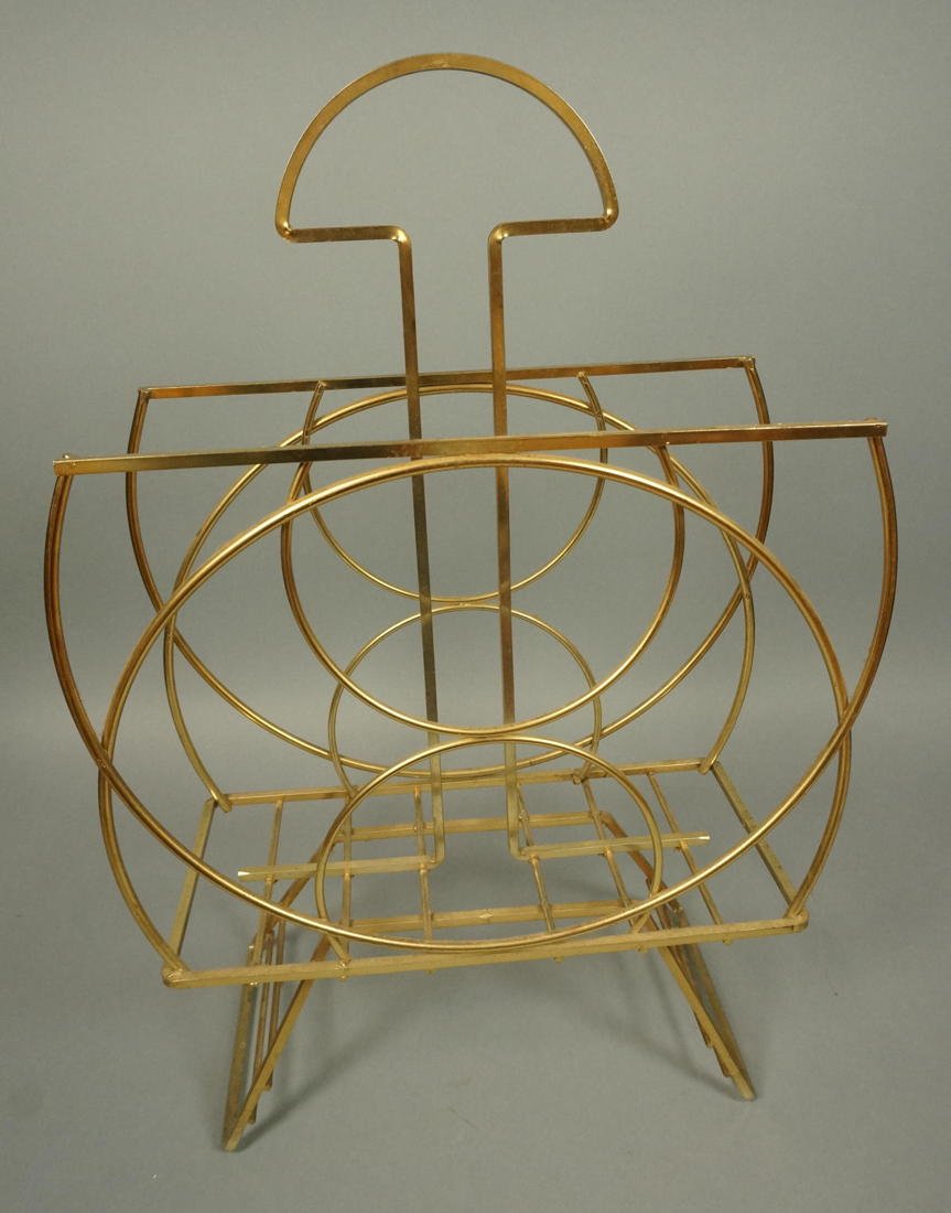 Decorator Brass Magazine Rack. Possibly Italian.: Decorator Brass Magazine Rack. Possibly Italian. -- Dimensions: H: 23.5 inches: W: 16 inches: D: 7 inches --- US Shipping charge: $35