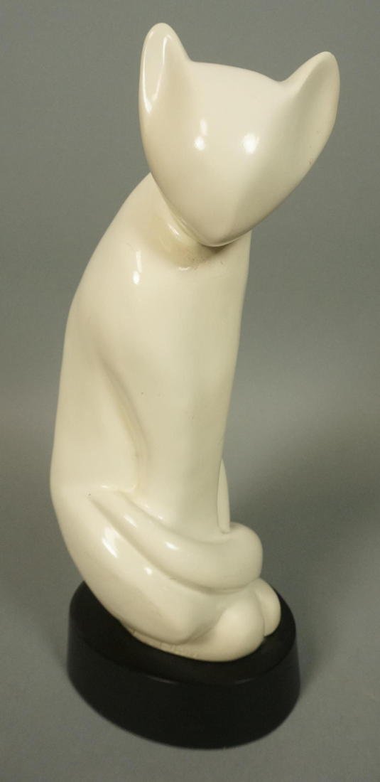 LI-CHING Lacquered Plaster Figural Cat Sculpture.: LI-CHING Lacquered Plaster Figural Cat Sculpture. Modernist Form. Signed. Black base. -- Dimensions: H: 13.5 inches: W: 6 inches --- US Shipping charge: $35