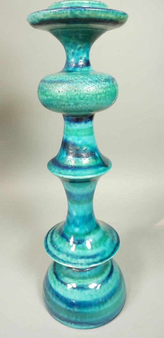 Tall Italian Glazed Pottery Table Lamp. Turquoise: Tall Italian Glazed Pottery Table Lamp. Turquoise and blue glazed spindle shaped ceramic form. Probably Italian Italy; Raymor style. -- Dimensions: H: 35 inches: W: 8 inches ---